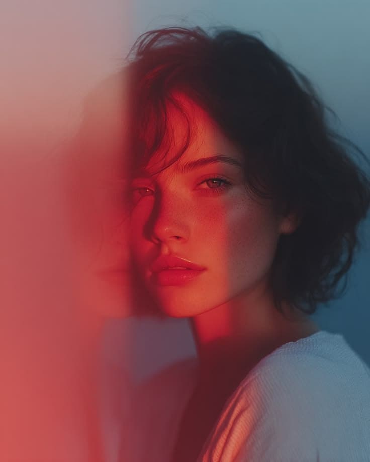 Neon Silence: lit red on one side, blue on the other